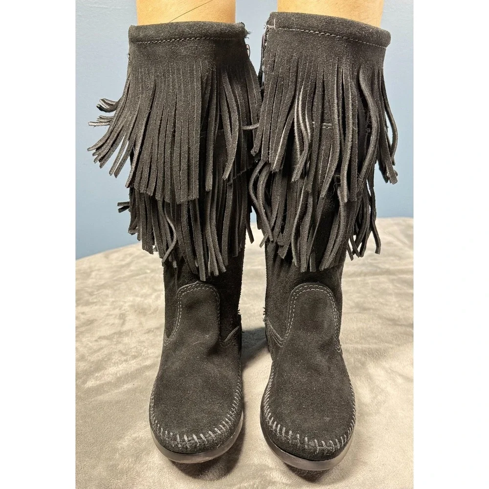 Minnetonka Boots Womens 5 Black Suede Fringe 3 Layer Moccasin Mid Calf